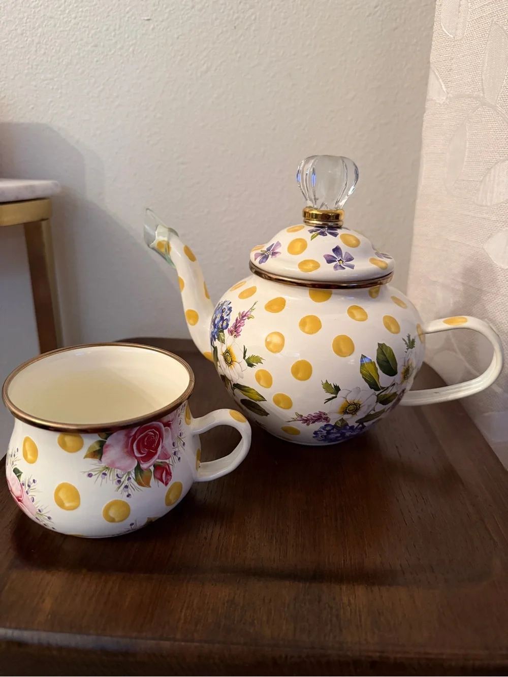 MacKenzie-Childs High Tea Yellow Polka Dot Floral Teapot